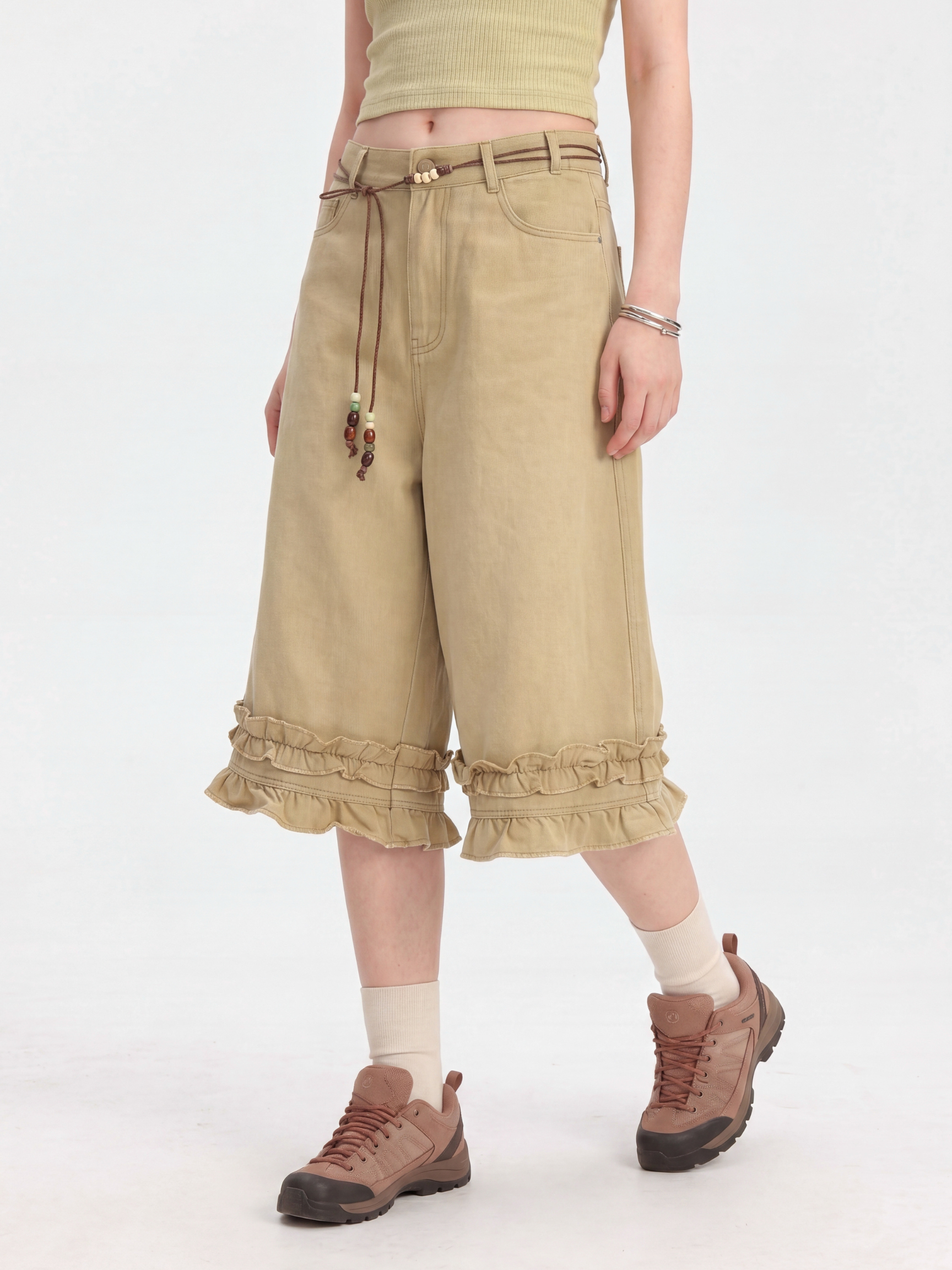 SilkStride - Women's Cotton Ruffle Hem Wide-Leg Cropped Pants