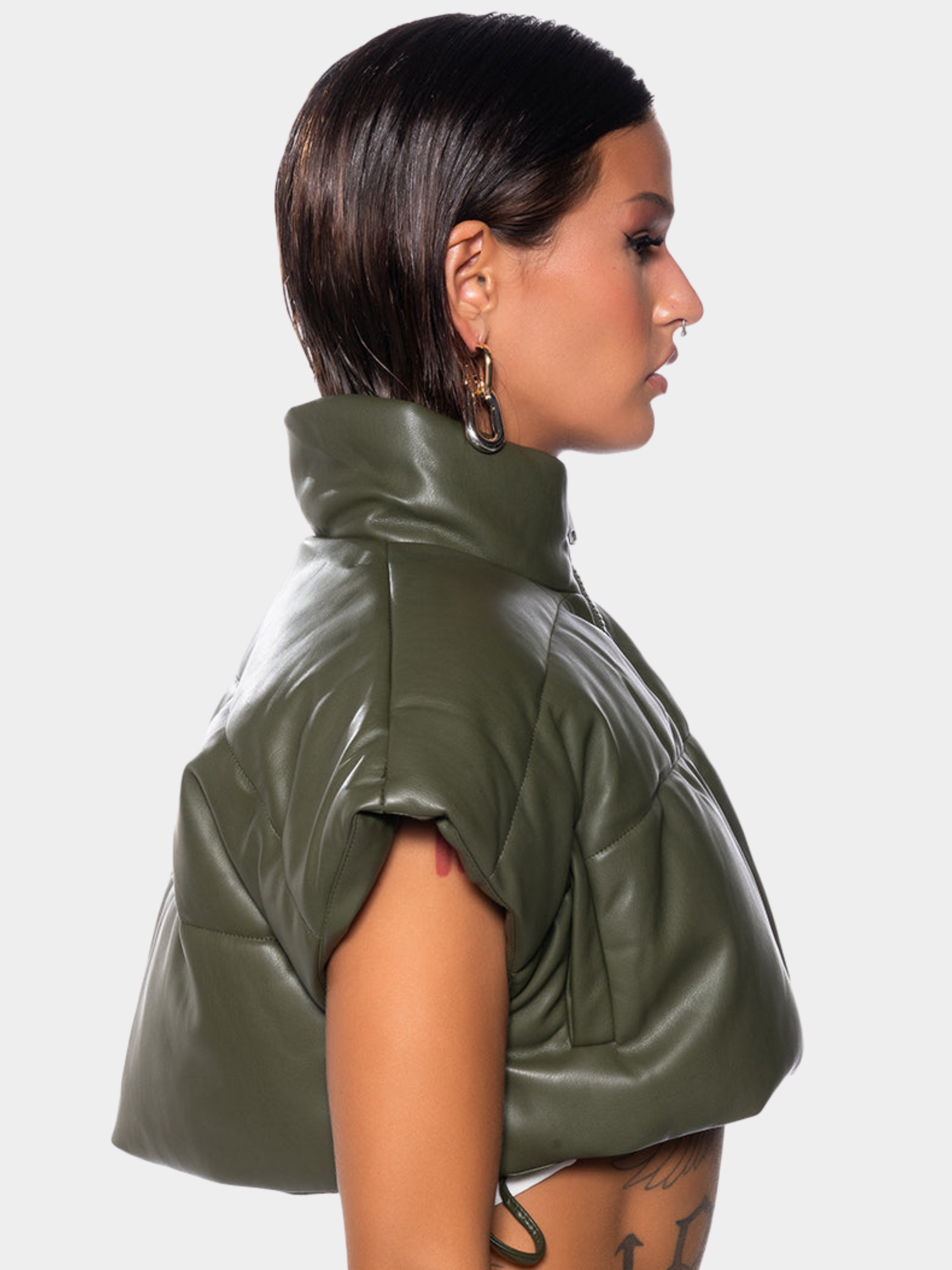 Snowscape - Women's Duck Down Padded Leather-Look Stand Collar Vest