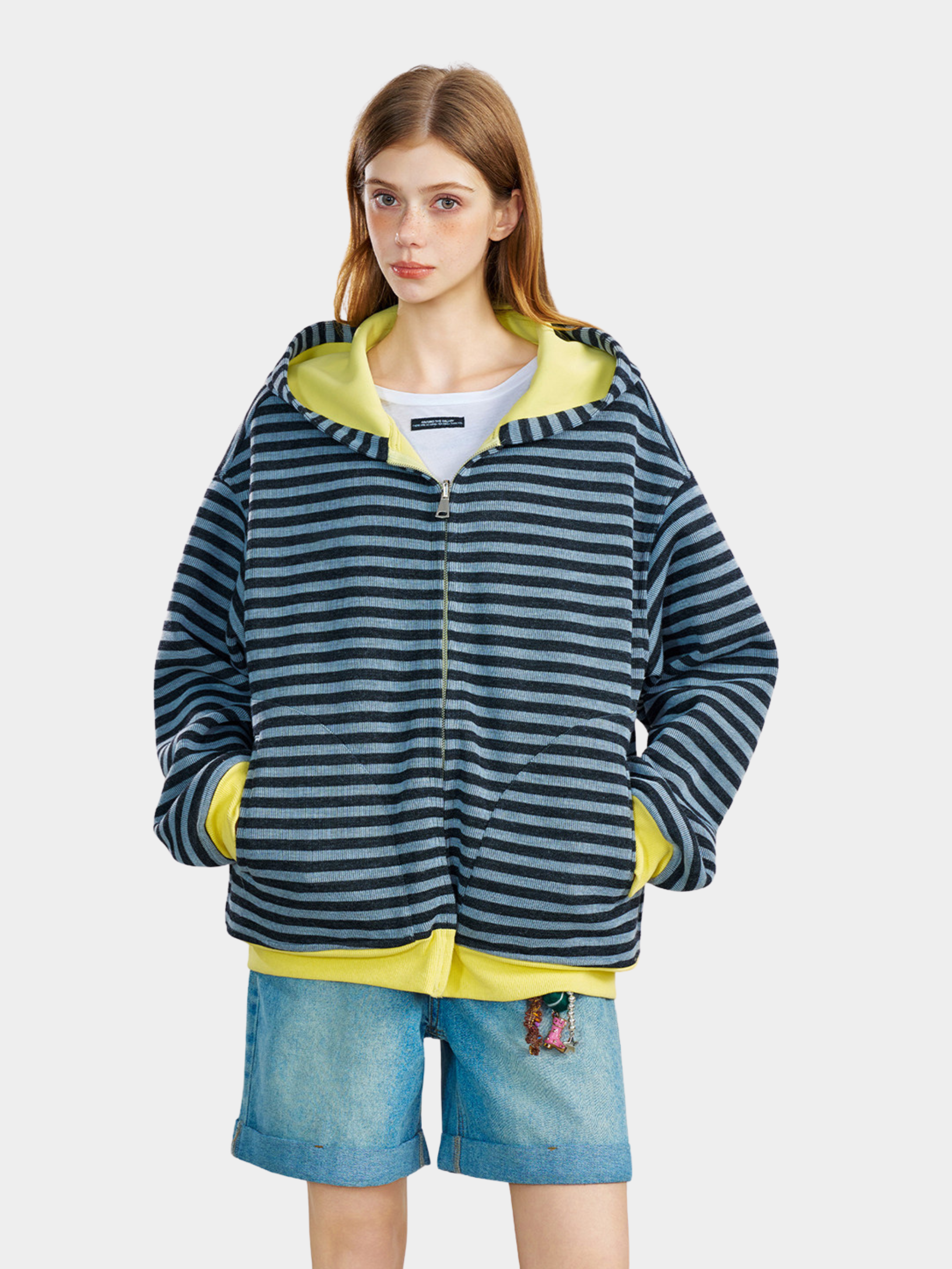 Ashrise - Unisex Striped Color-Block Hooded Zip-Up Sweatshirt