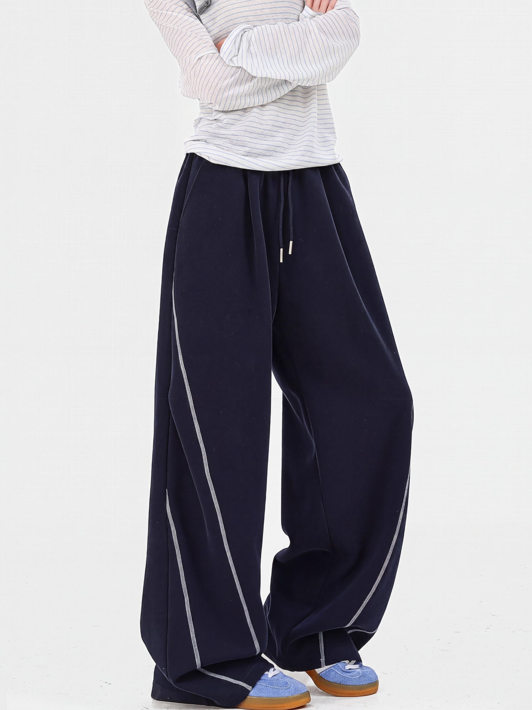 TraceSway - Women's Contrast Stitch Wide-Leg Pants