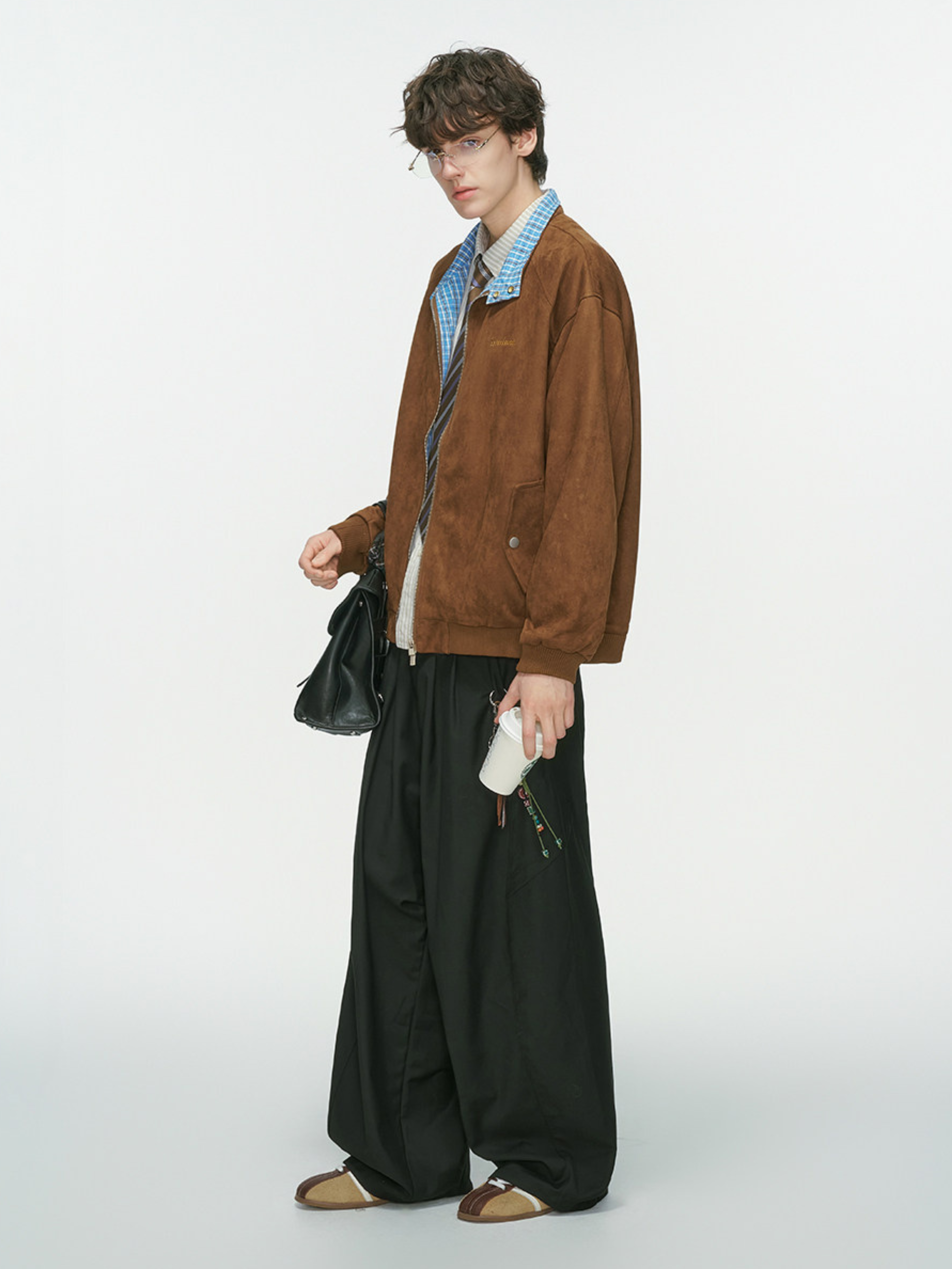 Cougarsong - Men's Check Panel Faux Suede Jacket