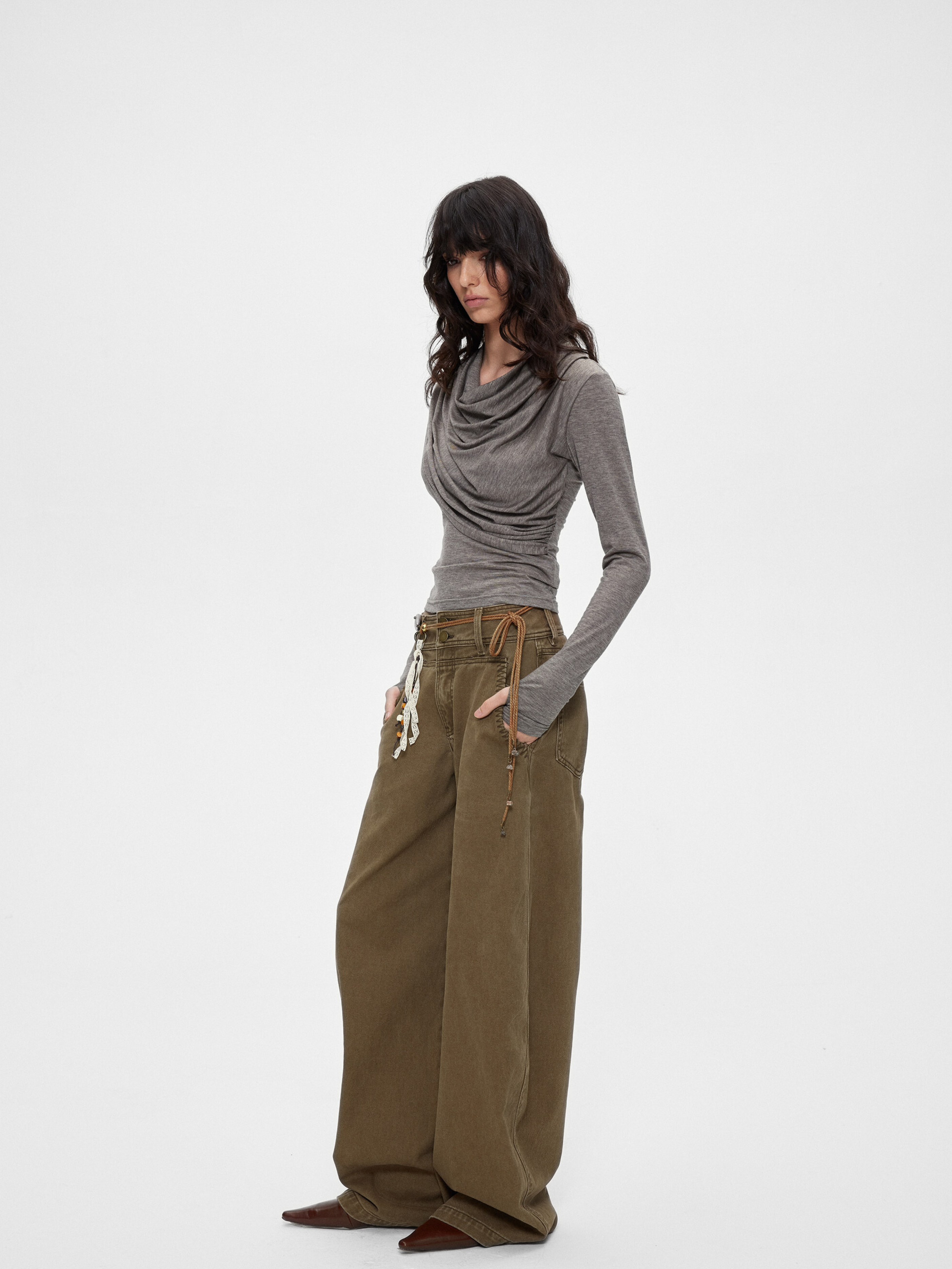 Ashfall - Women's TENCEL™ Wool Asymmetrical Cowl-Neck Long Sleeve