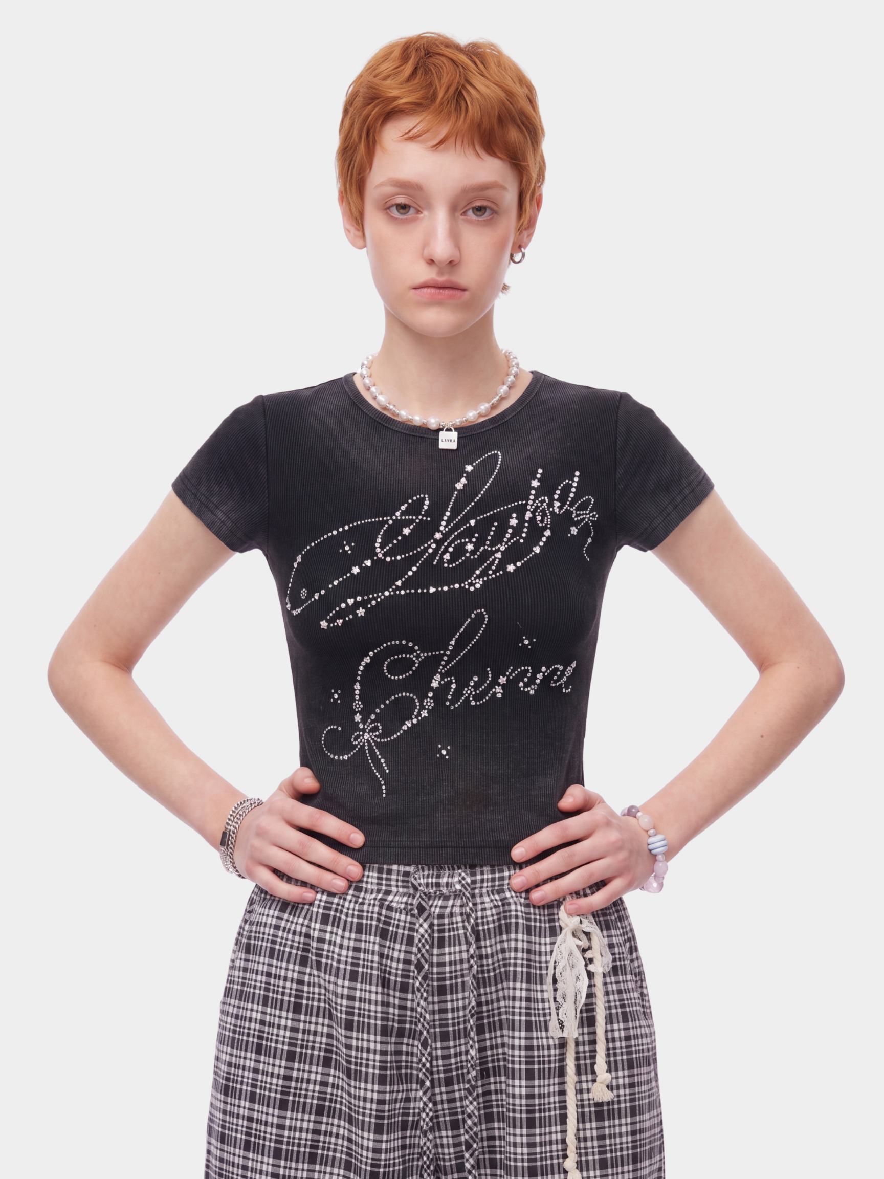 GlitzTee - Women's Gradient Washed Rhinestone Letter Crew Neck Top