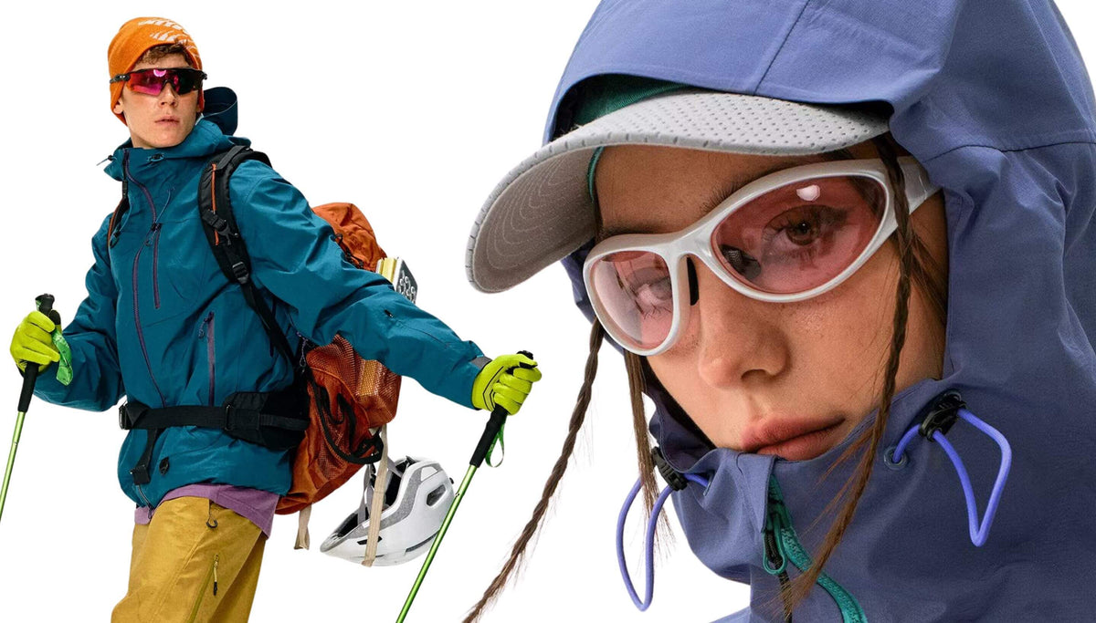 A composite outdoor apparel image showing a close-up of a woman in a blue hooded jacket and white sunglasses on the right, and a full-body view of another person in a teal jacket, orange hat, and backpack on the left, both against a white background.